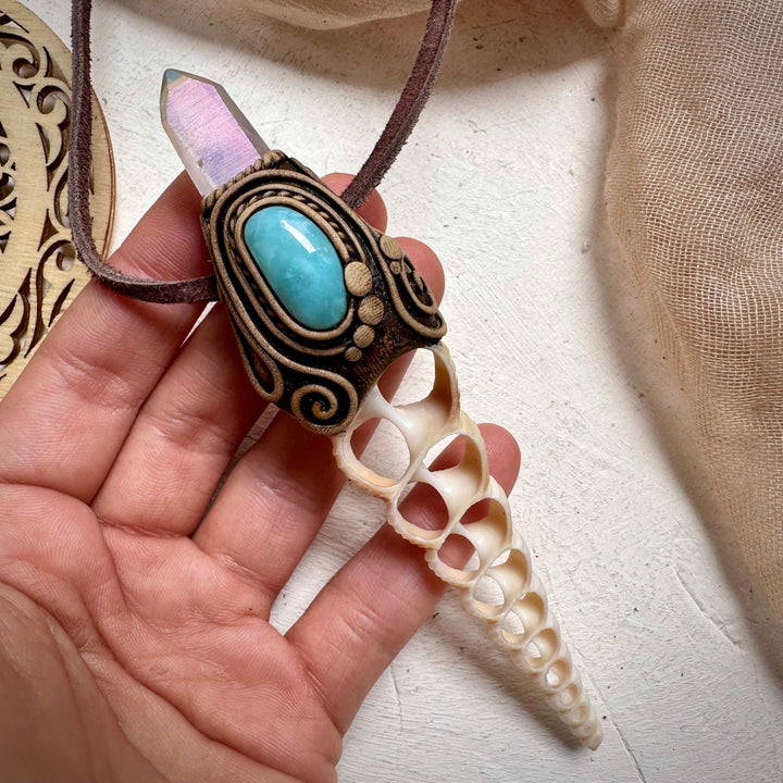 Seashell Slice Angel Aura Quartz and Larimar Necklace - FairyGardenGlow