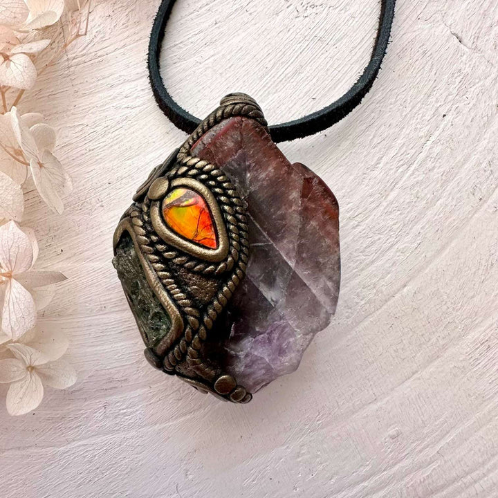 Super Seven Quartz Ammolite and Moldavite Pendant, Handmade Crystal Necklace - FairyGardenGlow