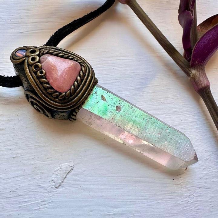 Angel Aura Quartz Rhodochrosite and Australian Opal Necklace - FairyGardenGlow