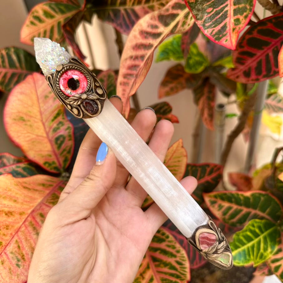 Selenite Crystal Wand, Angel Aura Spirit Quartz Red Garnet Raw Opal and Rhodochrosite Handmade Healing Crystal Wand - FairyGardenGlow