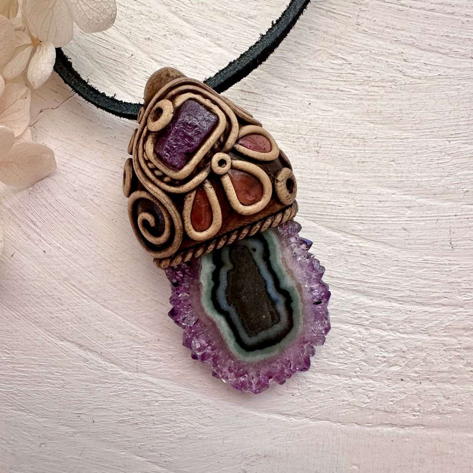 Amethyst Stalactite Ruby and Pink Tourmaline Handmade Crystal Necklace - FairyGardenGlow