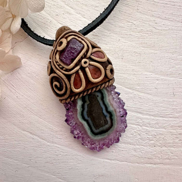 Amethyst Stalactite Ruby and Pink Tourmaline Handmade Crystal Necklace - FairyGardenGlow