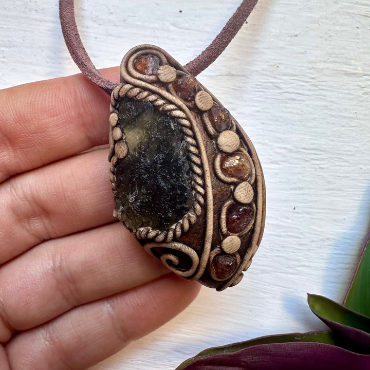 Moldavite and Hessonite Garnet Necklace, Unisex Crystal Jewelry - FairyGardenGlow