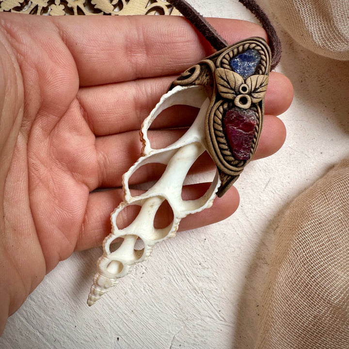Seashell Rhodolite Garnet and Tanzanite Necklace - FairyGardenGlow