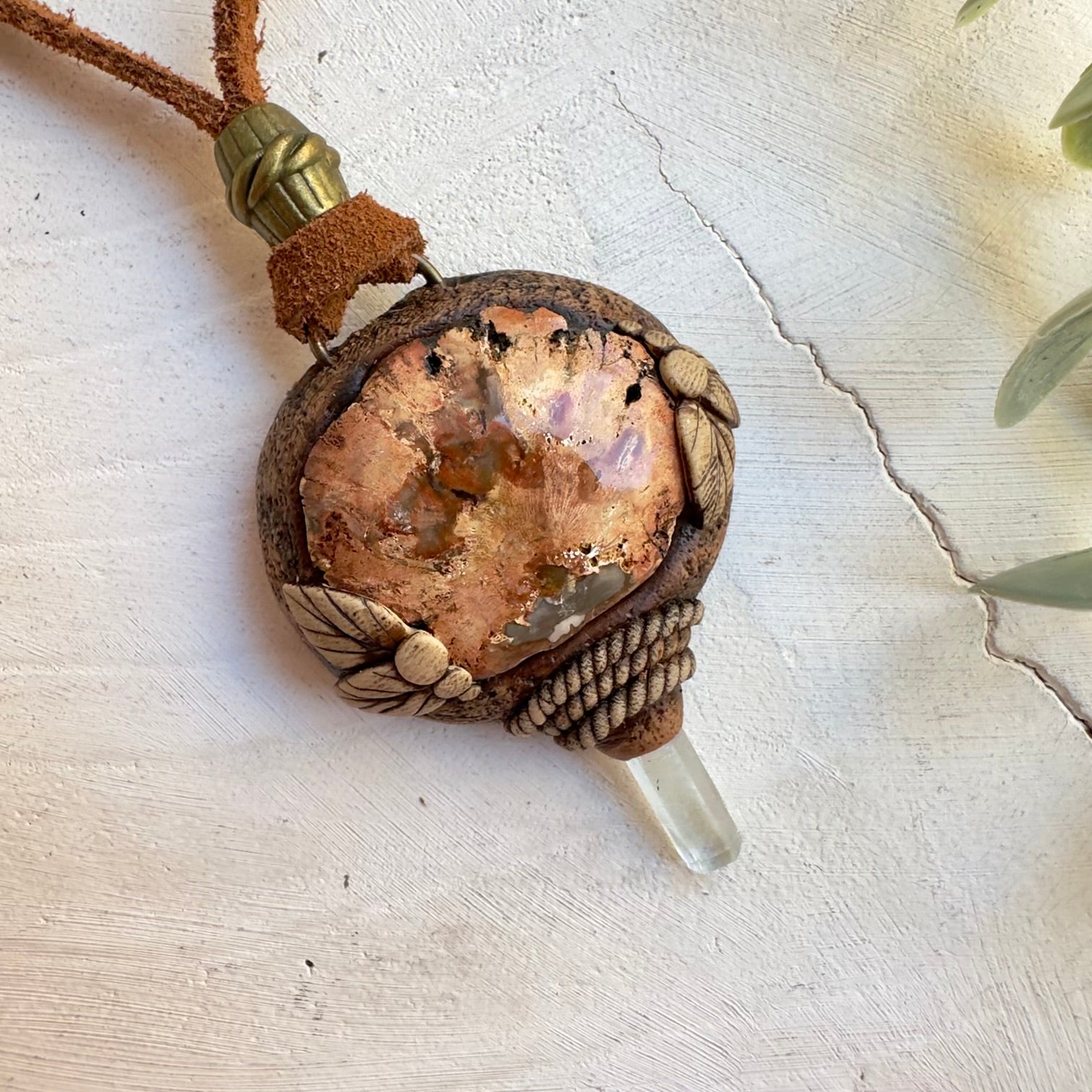 Aquamarine and fossil wood unisex gemstone necklace