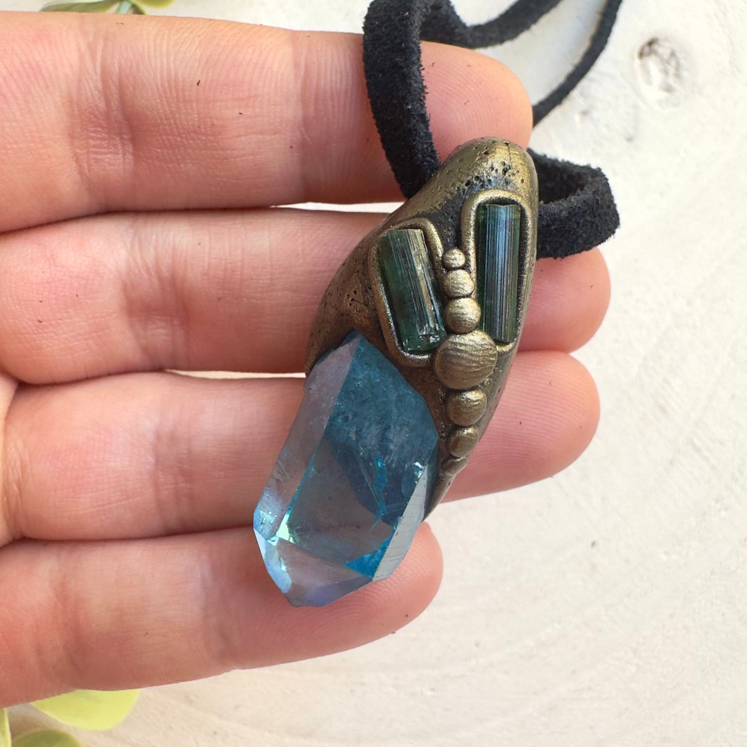 Healing crystal jewelry featuring Aqua Aura Quartz and Green Tourmaline