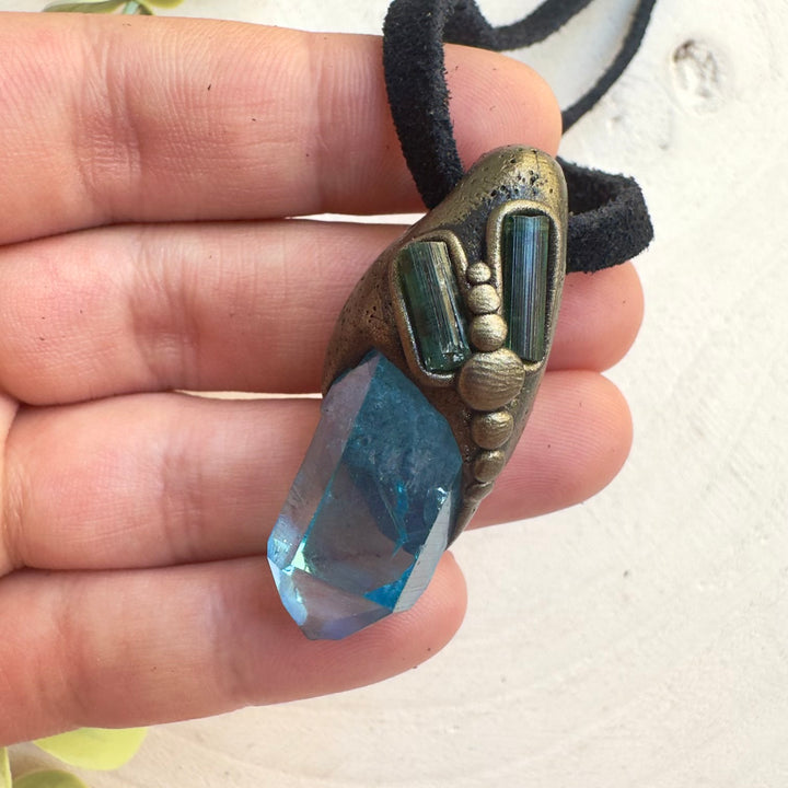 Healing crystal jewelry featuring Aqua Aura Quartz and Green Tourmaline