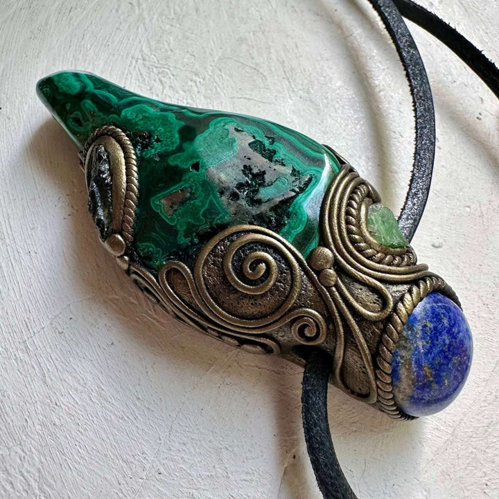 Malachite with Lapis Lazuli Moldavite and Tsavorite Wand / Pendant - FairyGardenGlow