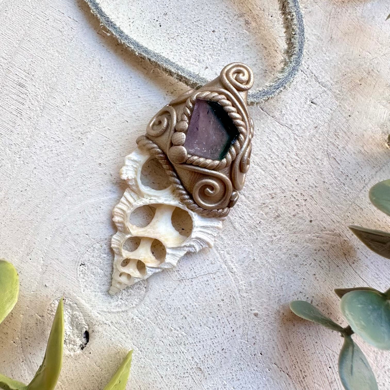 Bi-Color Tourmaline Seashell Slice Necklace – Handmade Crystal Jewelry