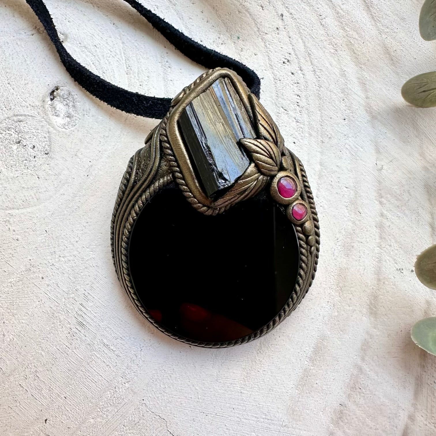 Black Obsidian Mirror Necklace with Black Tourmaline & Rhodolite Garnet – Scrying Crystal Pendant, Protection Amulet Jewelry