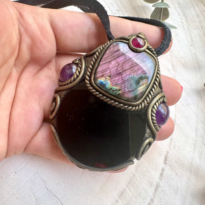 Black Obsidian Mirror Necklace with Labradorite, Amethyst & Rhodolite Garnet – Scrying Crystal Pendant, Protection Amulet Jewelry