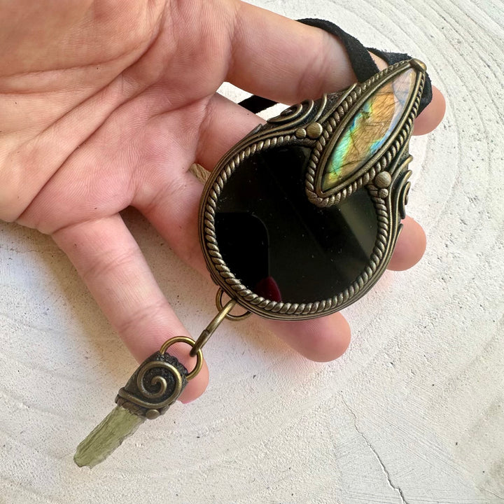 Black Obsidian Mirror Necklace with Labradorite & Moldavite – Scrying Crystal Pendant, Protection Amulet Jewelry
