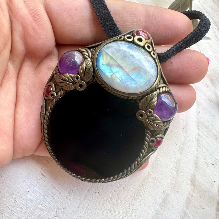 Black Obsidian Mirror Necklace with Rainbow Moonstone, Amethyst & Rhodolite Garnet – Scrying Crystal Pendant, Protection Amulet Jewelry