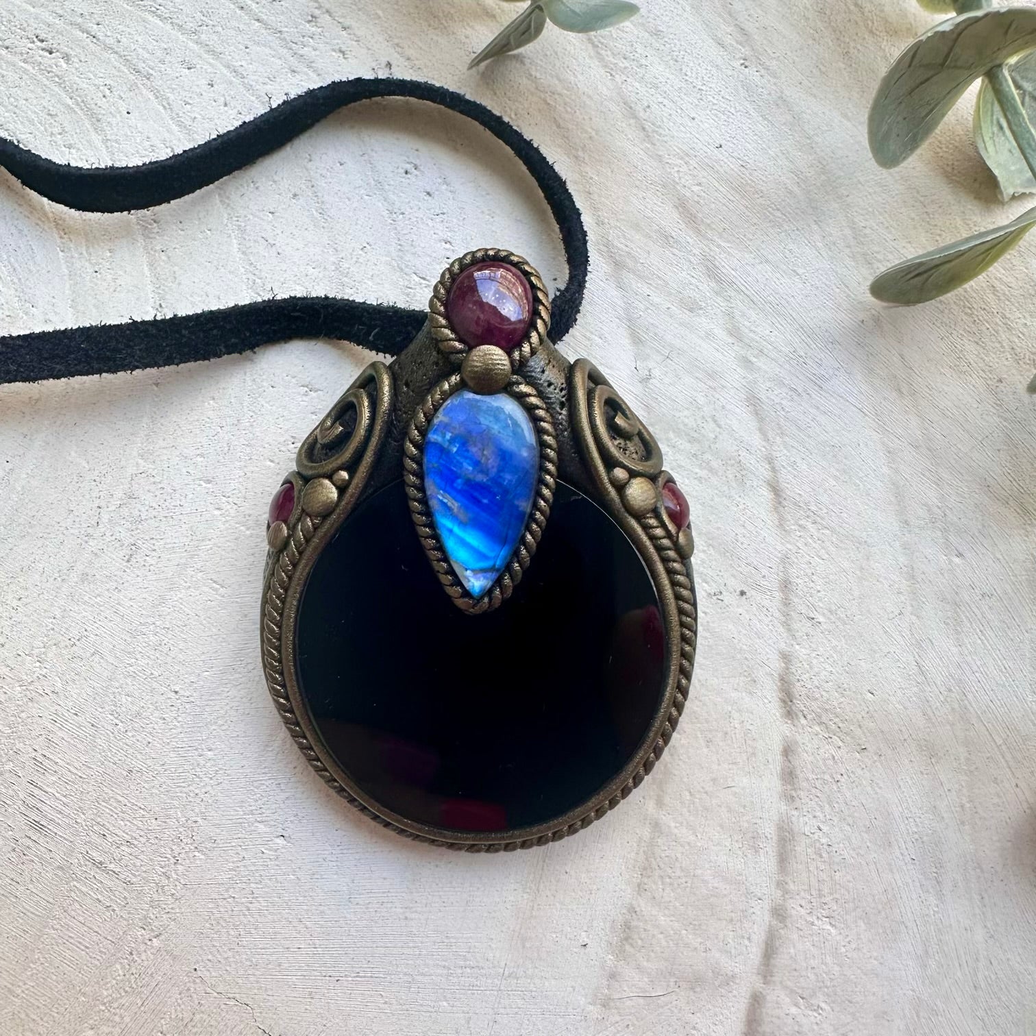 Black Obsidian Mirror Necklace with Rainbow Moonstone, Ruby & Rhodolite Garnet – Scrying Crystal Pendant, Protection Amulet Jewelry