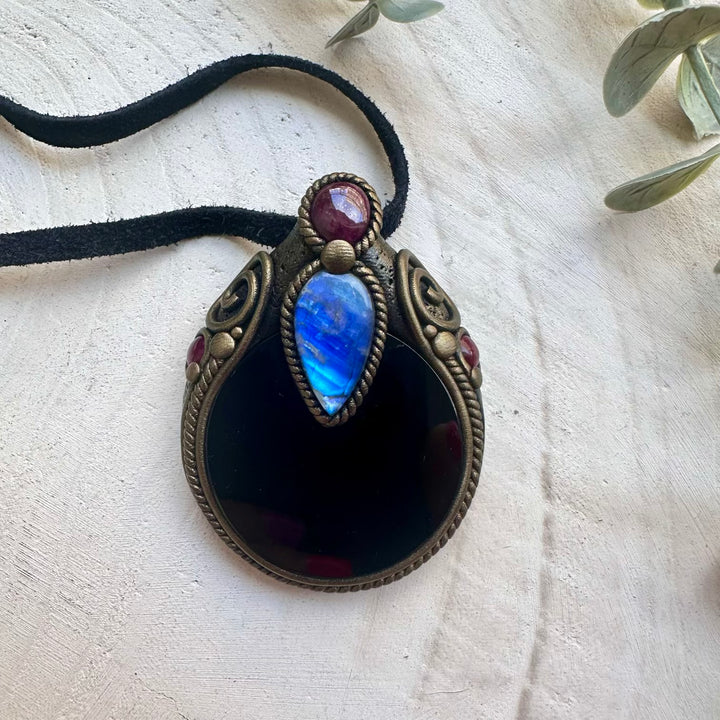 Black Obsidian Mirror Necklace with Rainbow Moonstone, Ruby & Rhodolite Garnet – Scrying Crystal Pendant, Protection Amulet Jewelry