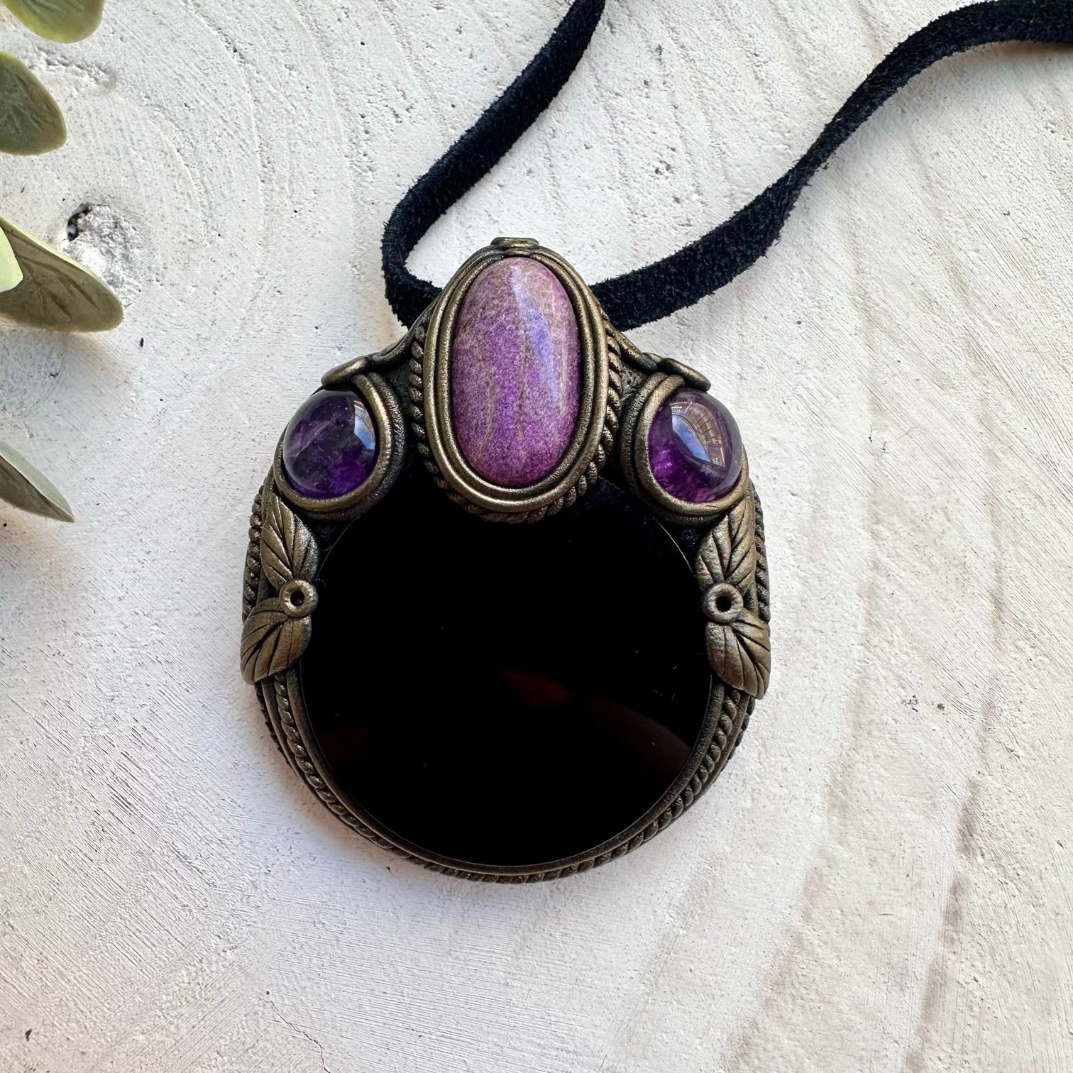 Black Obsidian Mirror Necklace with Stichtite & Amethyst – Scrying Crystal Pendant, Protection Amulet Jewelry