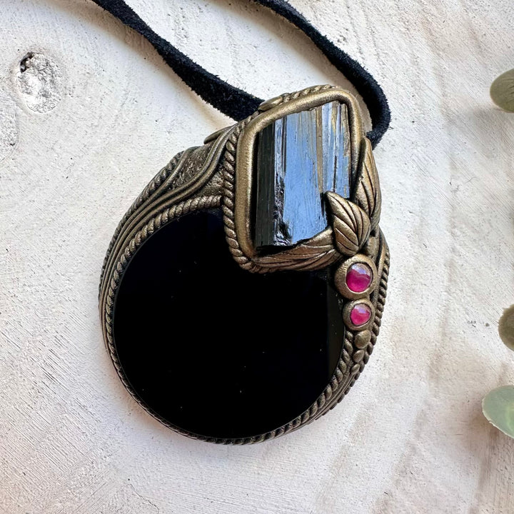 Black Obsidian Mirror Pendant Necklace – Black Tourmaline & Rhodolite Garnet Healing Crystal Jewelry