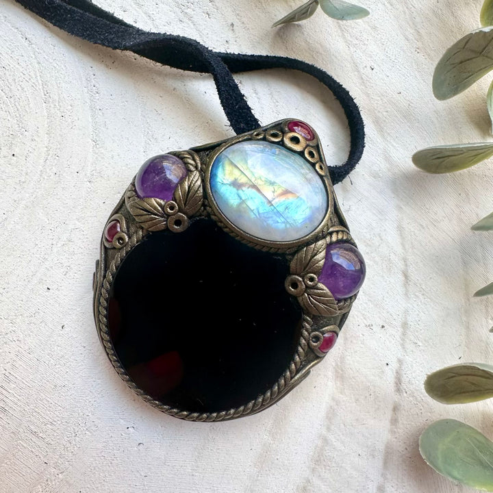 Black Obsidian Mirror Pendant Necklace – Moonstone, Amethyst & Rhodolite Garnet Healing Crystal Jewelry
