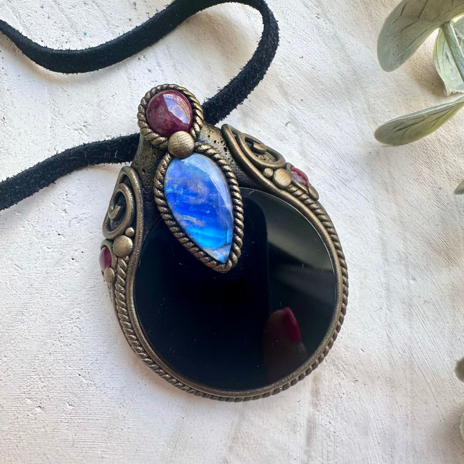 Black Obsidian Mirror Pendant Necklace – Moonstone, Ruby & Rhodolite Garnet Healing Crystal Jewelry