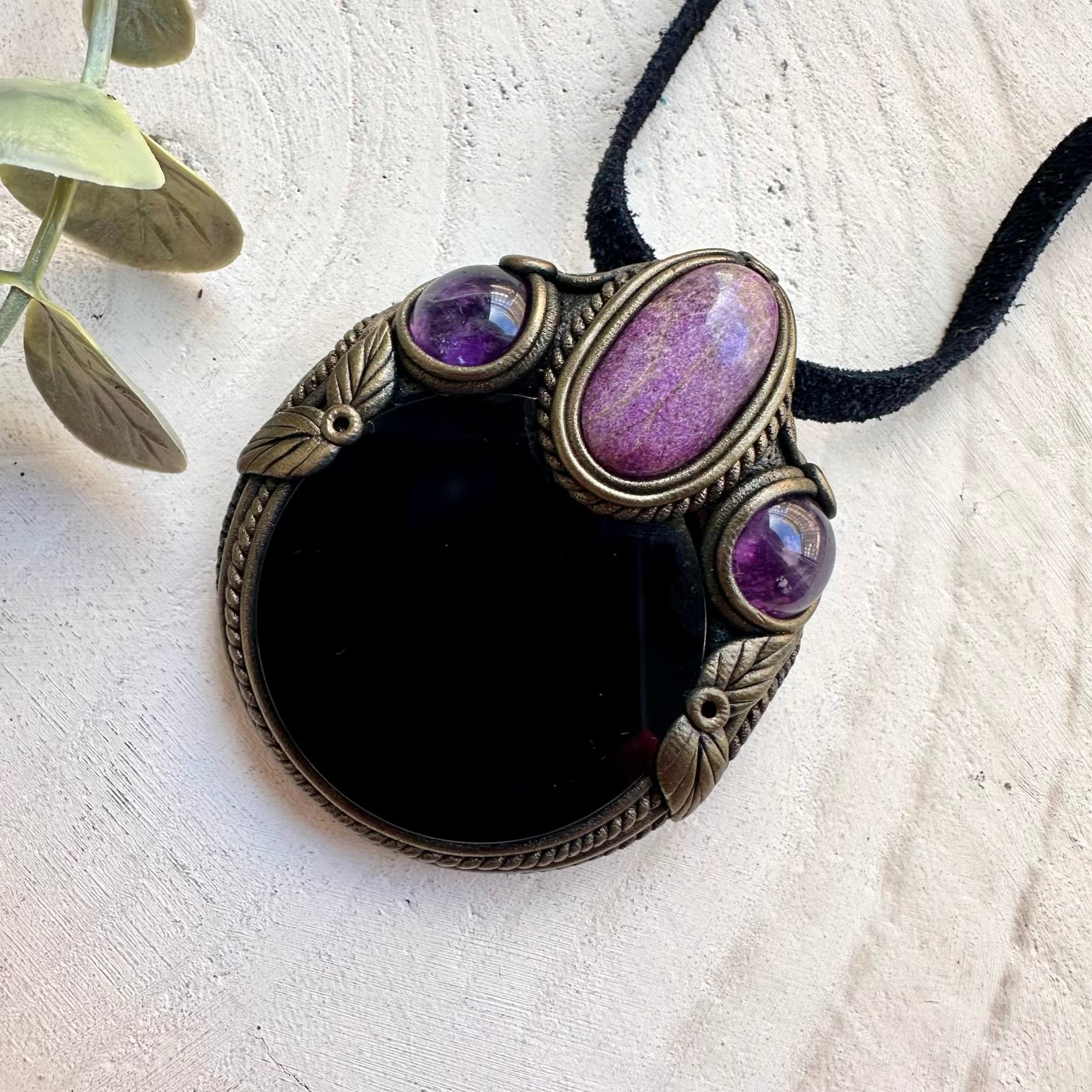 Black Obsidian Mirror Pendant Necklace – Stichtite & Amethyst Metaphysical Protection Jewelry