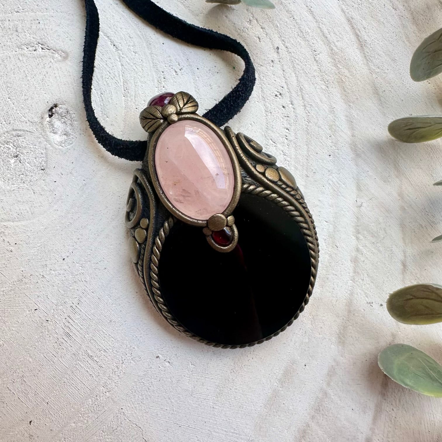 Black Obsidian Mirror Pendant Necklace with Rose Quartz, Ruby & Rhodolite Garnet – Scrying Crystal Jewelry, Protection Amulet
