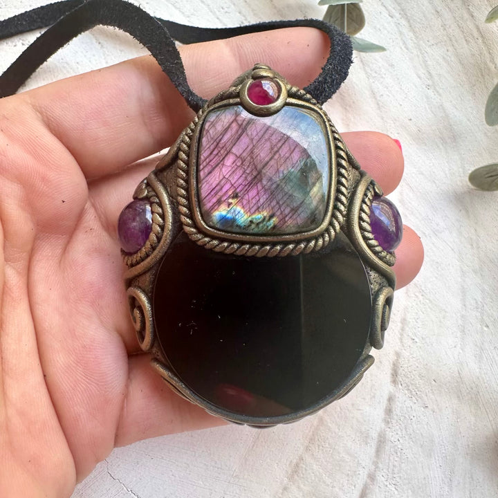 Black Obsidian Scrying Necklace with Labradorite & Amethyst – Spiritual Protection Crystal Pendant