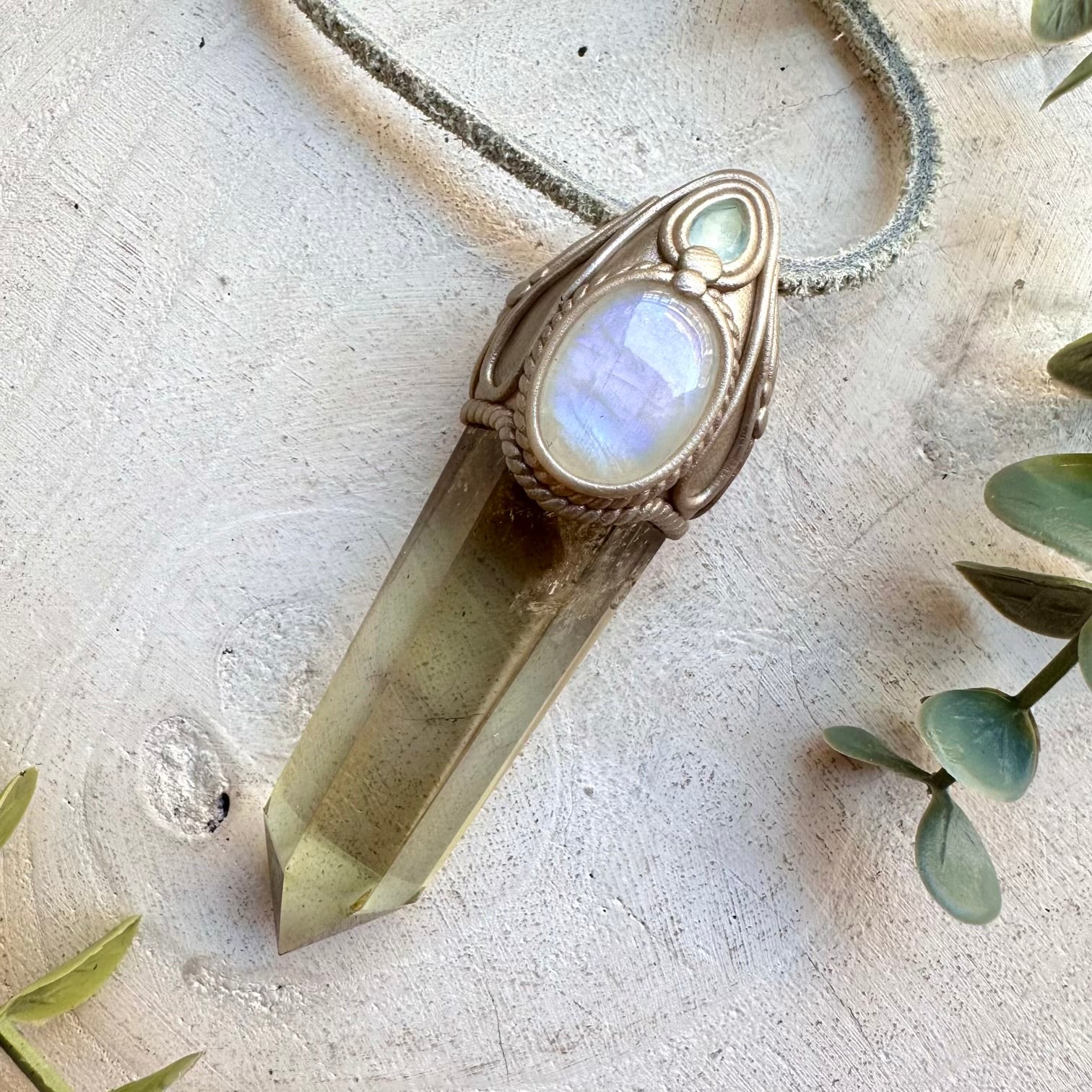 Citrine Point Wand Necklace with Rainbow Moonstone & Blue Topaz – Healing Crystal Jewelry, Spiritual Pendant