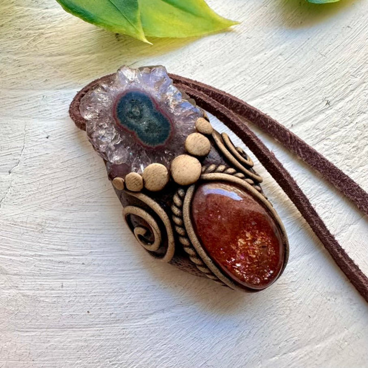 Sunstone and Amethyst Stalactite Pendant Necklace, Handmade Boho Jewelry - FairyGardenGlow