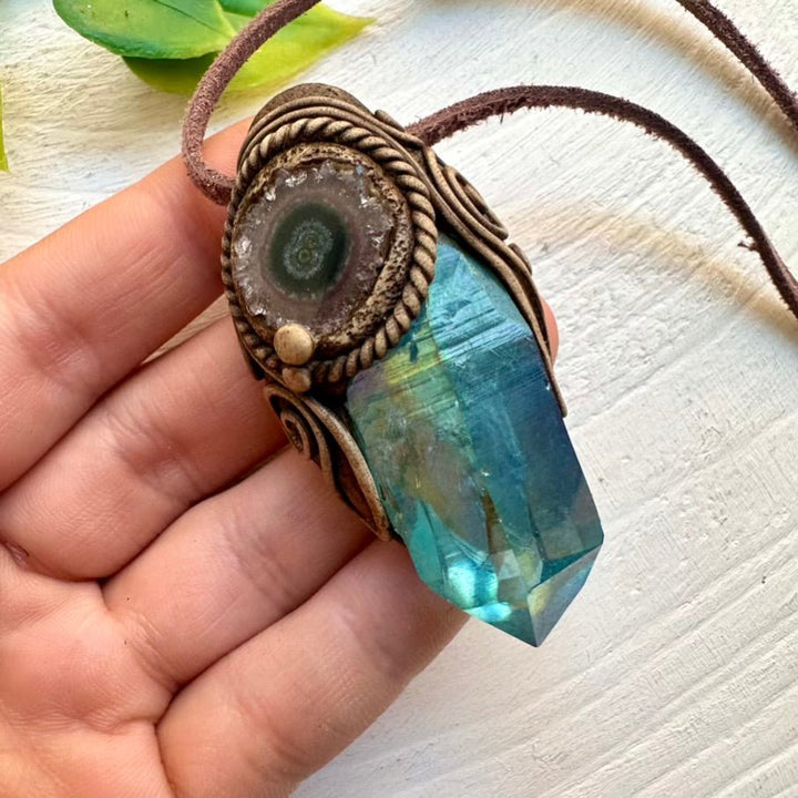 Aqua Aura Quartz and Amethyst Stalactite Pendant Necklace - FairyGardenGlow