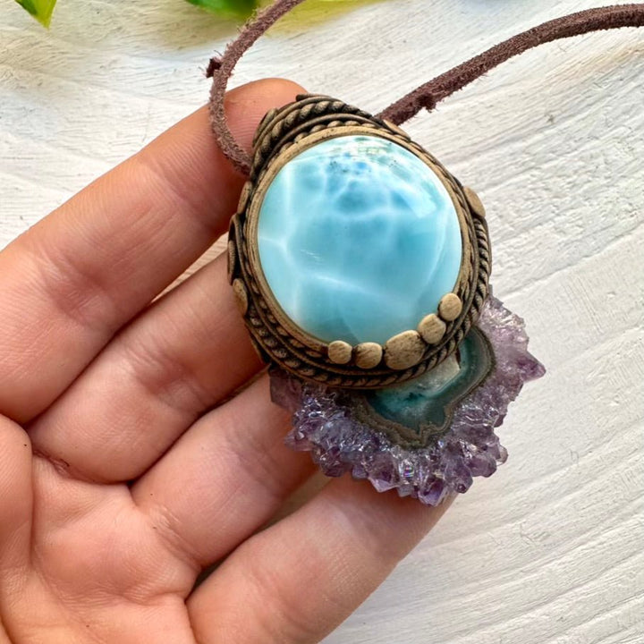 Larimar and Amethyst Stalactite Necklace, Unique Healing Crystal Jewelry - FairyGardenGlow