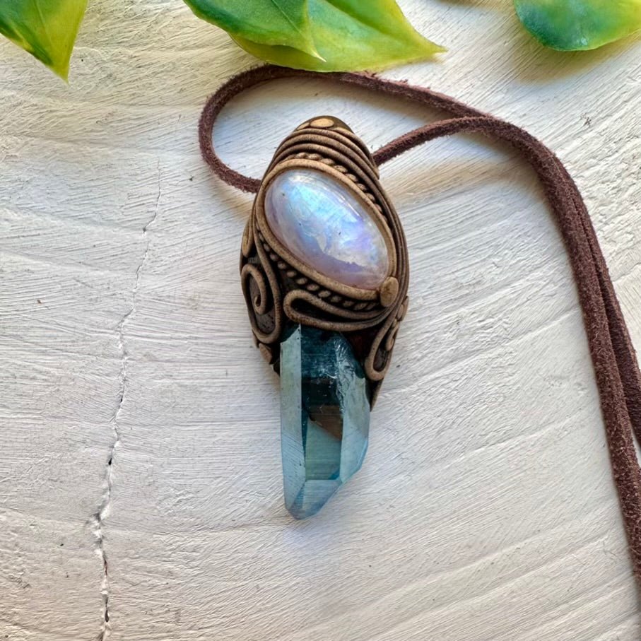 Rainbow Moonstone and Aqua Aura Quartz Necklace, Healing Crystal Jewelry - FairyGardenGlow