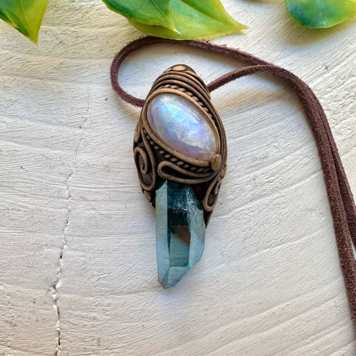 Rainbow Moonstone and Aqua Aura Quartz Necklace, Healing Crystal Jewelry - FairyGardenGlow