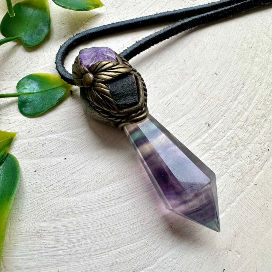 Boho crystal necklace with Fluorite point and Charoite stone