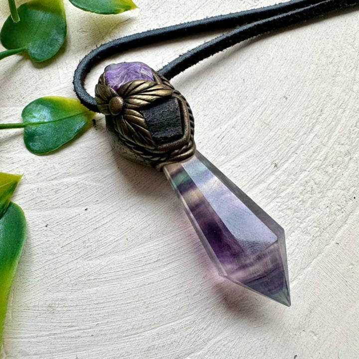 Boho crystal necklace with Fluorite point and Charoite stone