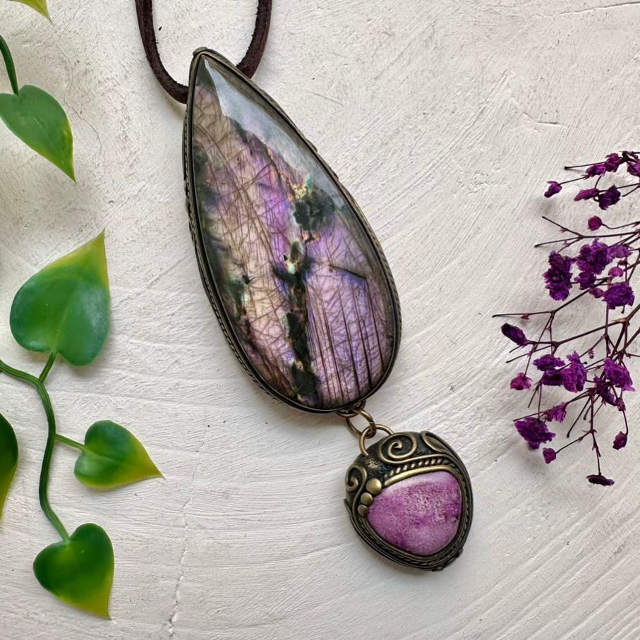 Large Labradorite and Stichtite Pendant Necklace, Statement Gemstone Jewelry FairyGardenGlow