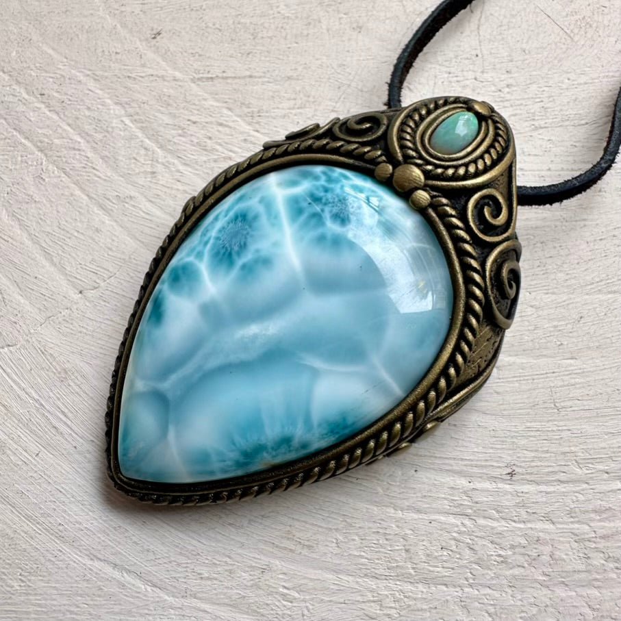 Large Larimar and Australian Opal Crystal Necklace, Unique Gemstone Pendant FairyGardenGlow