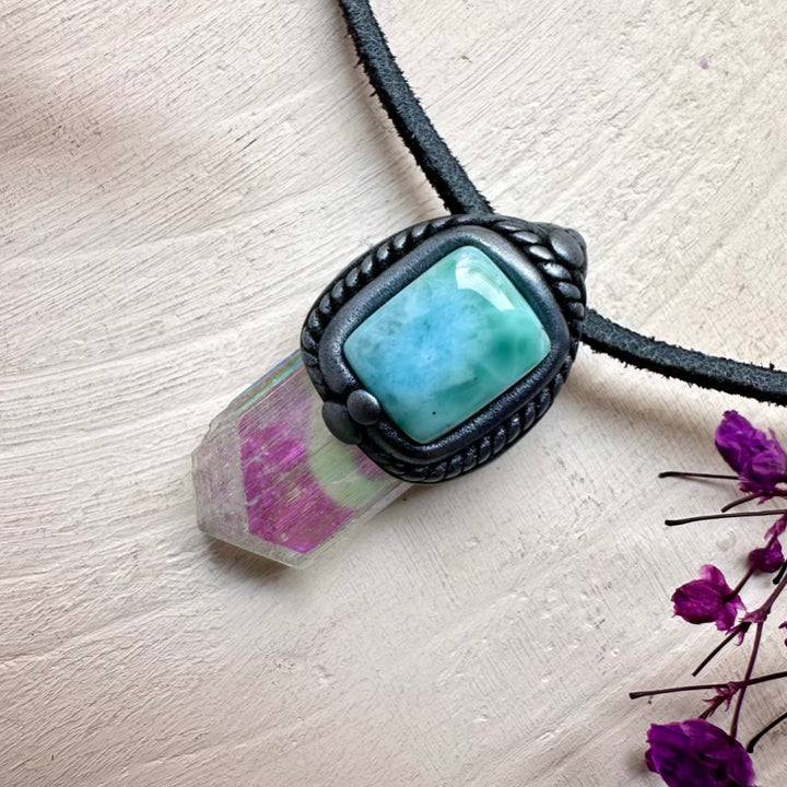 Kunzite crystal pendant with Larimar stone and Angel Aura shimmer