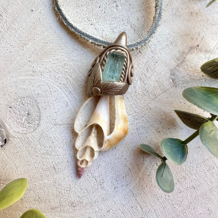 Boho jewelry protection amulet seashell and aquamarine healing crystal necklace