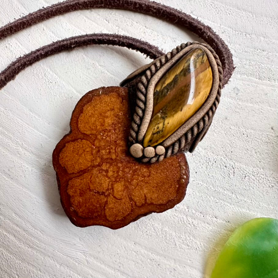 Boho necklace with Tiger’s Eye stone and Ayahuasca Vine design