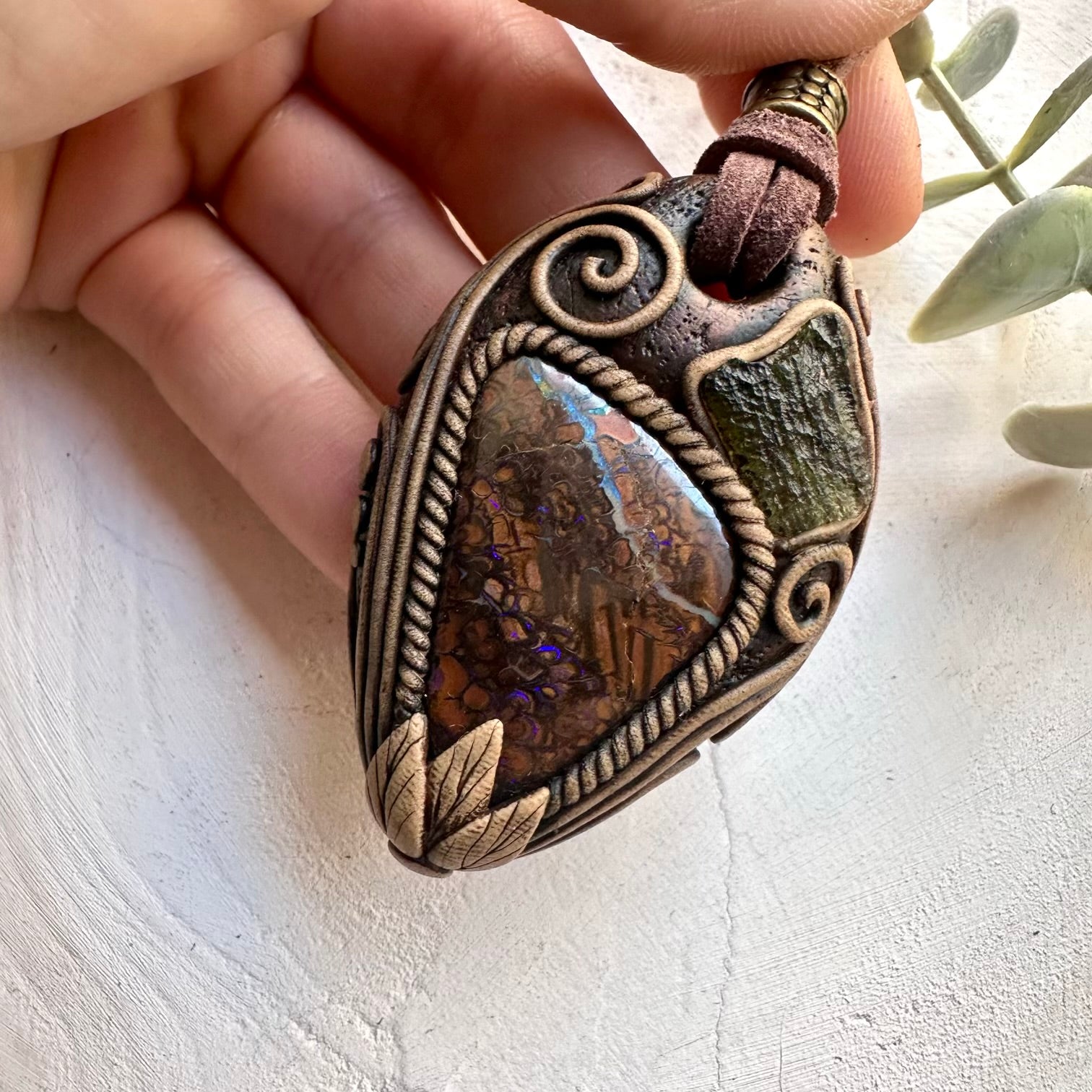 Boulder opal and moldavite pendant necklace, unisex gemstone jewelry