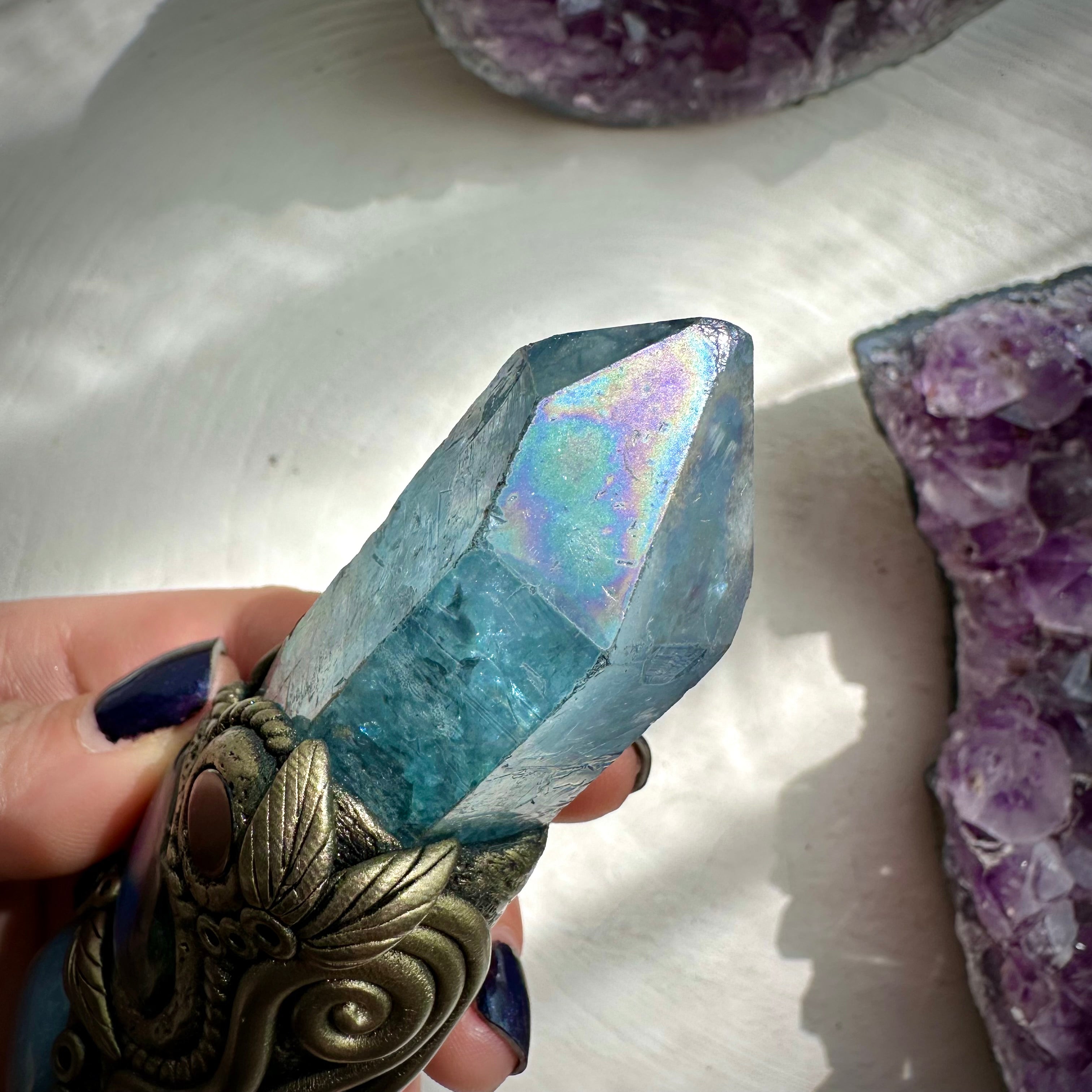 Black Obsidian Arrowhead with Aqua Aura Quartz Labradorite Heart Angelite and Smoky Quartz and Black Onyx Wand - FairyGardenGlow