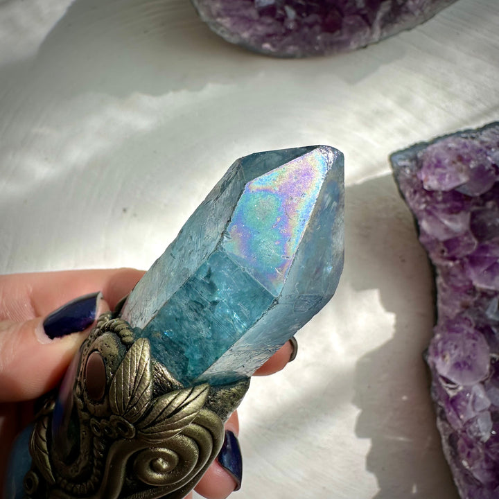 Black Obsidian Arrowhead with Aqua Aura Quartz Labradorite Heart Angelite and Smoky Quartz and Black Onyx Wand - FairyGardenGlow
