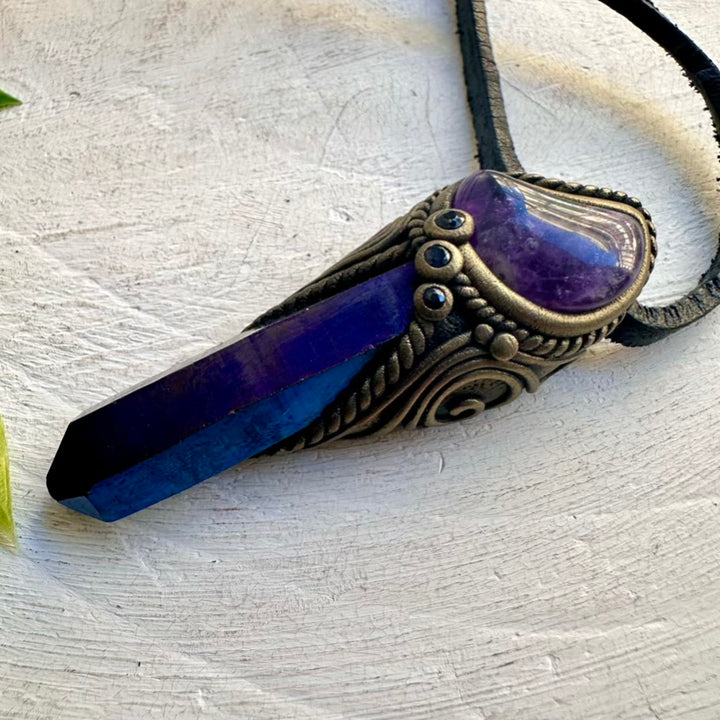 Unique gemstone necklace – Cobalt Aura Quartz, Amethyst moon and Blue Sapphire