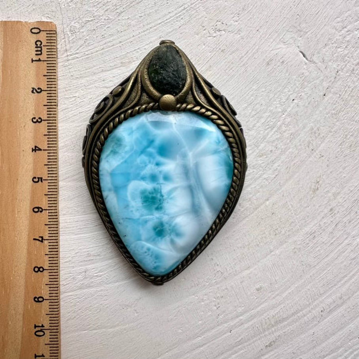 Large Larimar and Moldavite Pendant Necklace, Healing Crystal Jewelry FairyGardenGlow