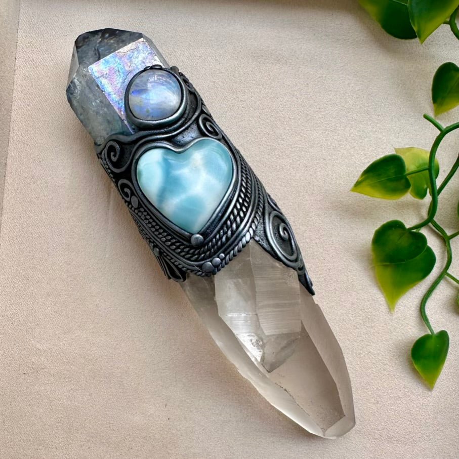 Large Healing Crystal Wand with Lemurian Seed Quartz, Aqua Aura Quartz, Larimar Heart and Rainbow Moonstone FairyGardenGlow