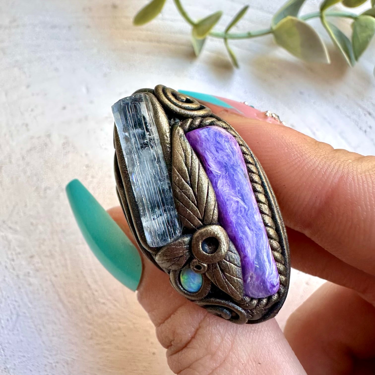 Unique charoite crystal ring