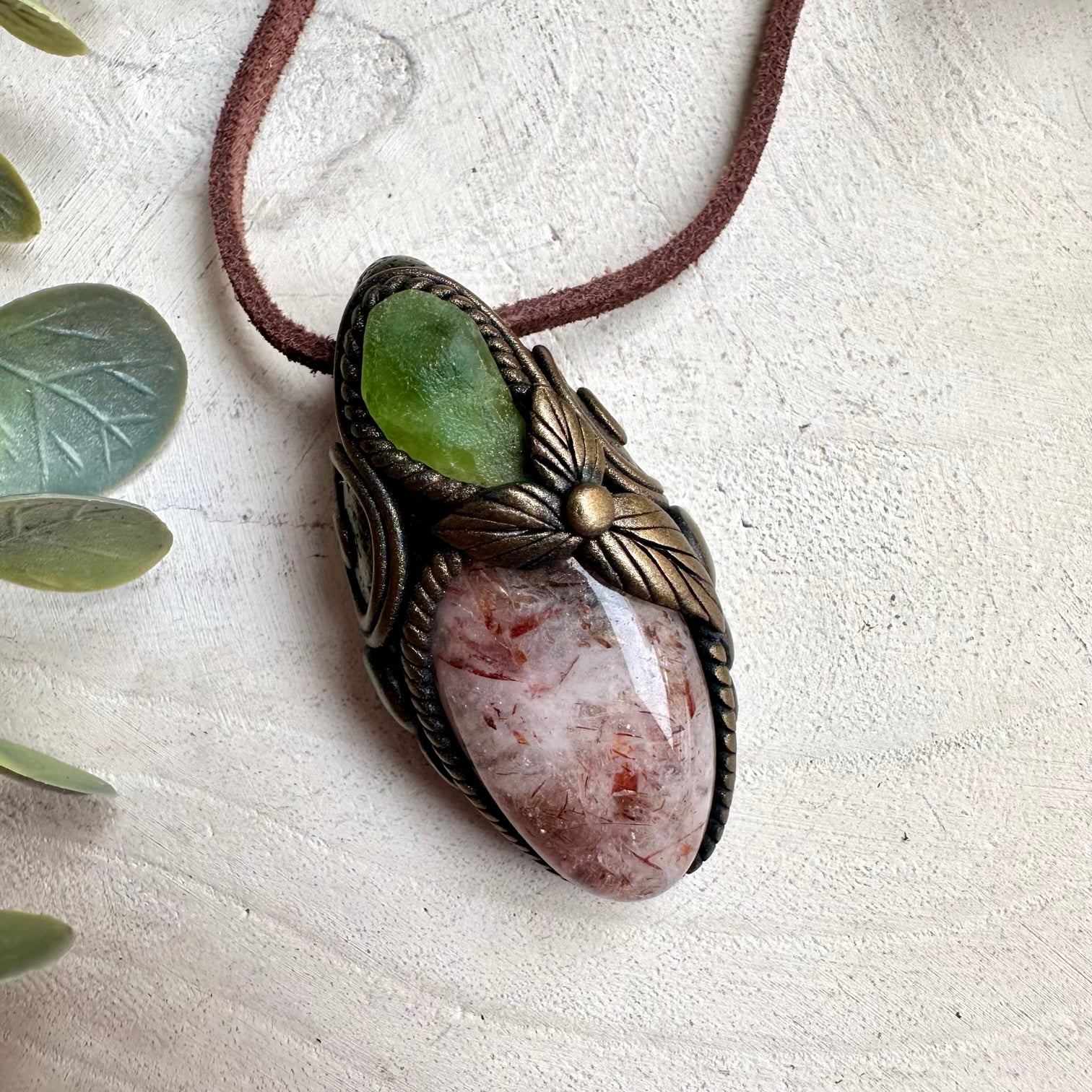 Fantasy healing crystal necklace with natural Hematite Quartz and Peridot gemstones.