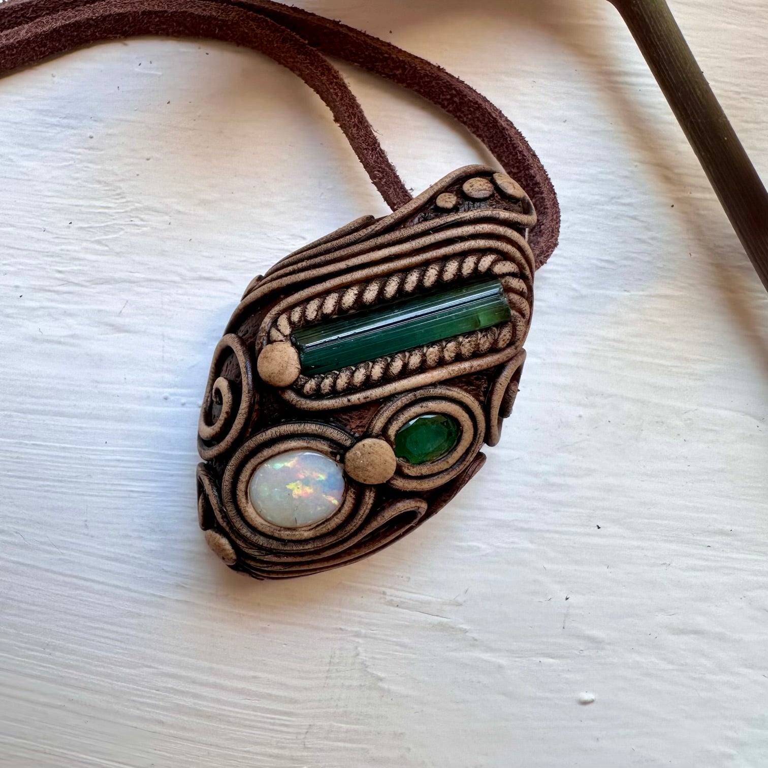 Green Tourmaline Emerald and Australian Opal Necklace - FairyGardenGlow