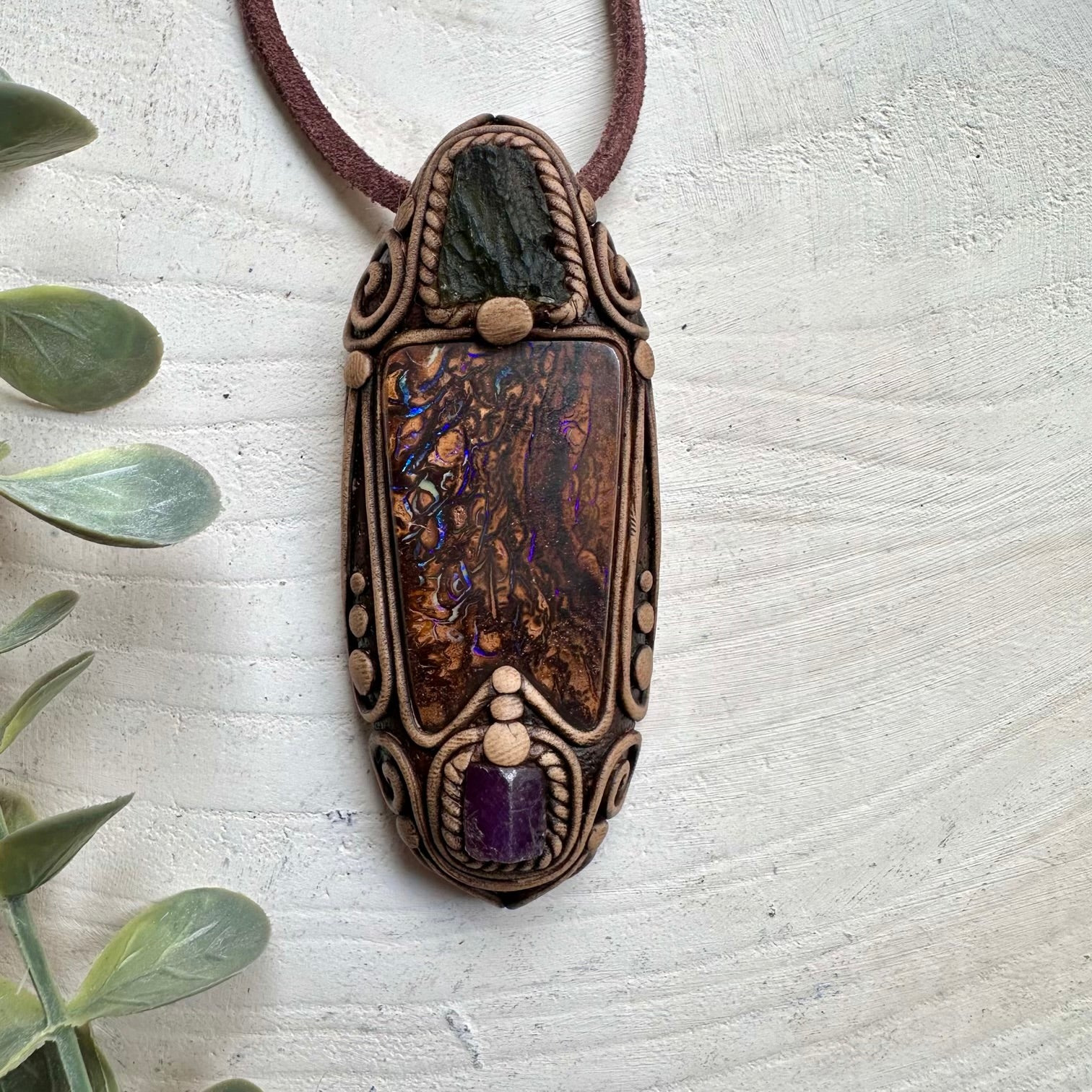 Boulder Opal Moldavite and Raw Ruby Handmade Necklace