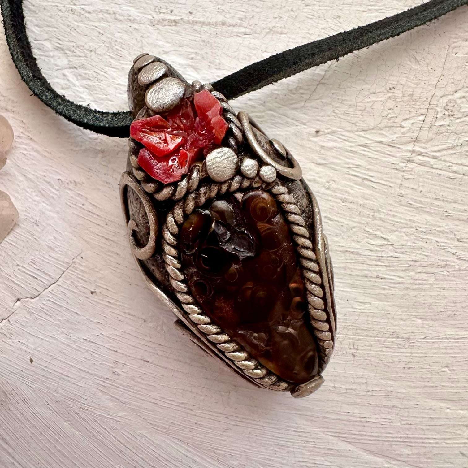 Fire Agate and Vanadinite Pendant, Handmade Crystal Jewelry - FairyGardenGlow